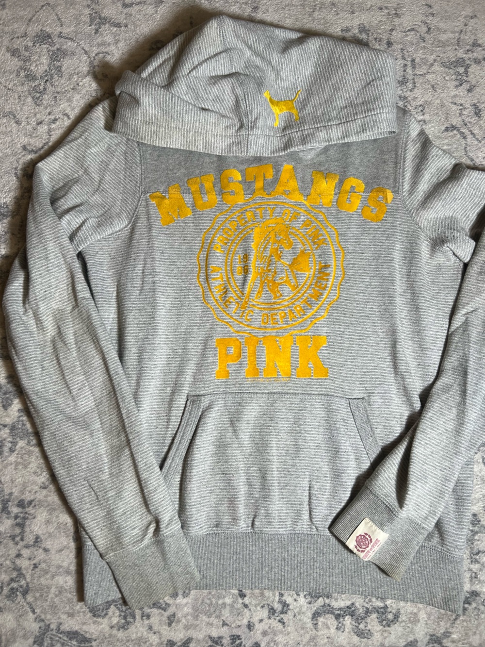 PINK Grey Hoodie with Yellow Mustang Crest Graphic